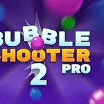 Κείμενο με τη φράση Bubble Shooter 2 Pro σε λευκό και πορτοκαλί χρώμα, μεχ πολύχρωμες μπάλες σε φόντο μωβ
