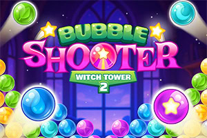 Bubble Shooter Witch Tower 2 Έντονα χρωματιστές φυσαλίδες με αστέρια και η φράση Bubble Shooter Witch Tower 2 σε φόντο νύχτας