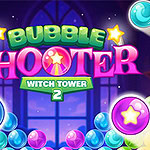 Bubble Shooter Witch Tower 2 Έντονα χρωματιστές φυσαλίδες με αστέρια και η φράση Bubble Shooter Witch Tower 2 σε φόντο νύχτας