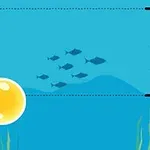 Μπλε υποθαλάσσιο σκηνικό με κόκκινη και κίτρινη φυσαλίδα, ψάρια και σημάδια πόντων