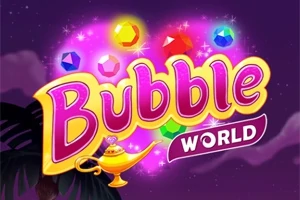 Έναχ φωτεινά γράμματα με την επιγραφή Bubble World μπροστά από πολύχρωμα πετράδια και ένα φωτισμένο μαγικό λυχνάρι