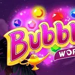 Έναχ φωτεινά γράμματα με την επιγραφή Bubble World μπροστά από πολύχρωμα πετράδια και ένα φωτισμένο μαγικό λυχνάρι
