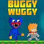 Δύο pixelated χαρακτήρες σε πλατφόρμα με τον τίτλο Buggy Wuggy στο πάνω μέρος και έναν μπλε και έναν πορτοκαλί με λευκά ρούχα, δίπλα σε έναν κόκκινο δαυλό