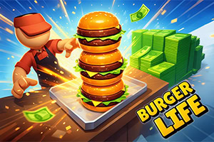 Καρτούν φιγούρα που δείχνει τρία στοιβαγμένα χάμπουργκερ σε βάση, με στοίβες χαρτονομισμάτων και ιπτάμενα χρήματα σε φωτεινό φόντο, με το κείμενο «BURGER LIFE»