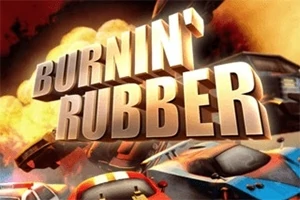Μεγάλα τρισδιάστατα γράμματα που γράφουν BURNIN RUBBER δεσπόζουν πάνω από έντονες σκηνές καταδίωξης αυτοκινήτων και εκρήξεις στο φόντο