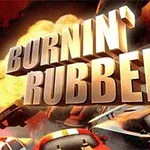 Μεγάλα τρισδιάστατα γράμματα που γράφουν BURNIN RUBBER δεσπόζουν πάνω από έντονες σκηνές καταδίωξης αυτοκινήτων και εκρήξεις στο φόντο