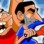 Δύο καρτουνίστικοι χαρακτήρες με έντονα χαρακτηριστικά και εκφράσεις προσώπου σε μια δυναμική σκηνή