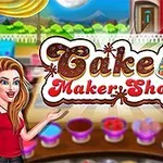 Γυναίκα με κόκκινη μπλούζα παρουσιάζει βιτρίνα ζαχαροπλαστείου με τούρτα και φρούτα, μπροστά από το logo Cake Maker Shop