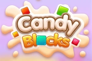 Λογότυπο με τη φράση Candy Blocks σε πολύχρωμο σχέδιο με καραμελωμένα γράμματα και τετράγωνα, σε ροζ-μοβ φόντο