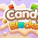 Λογότυπο με τη φράση Candy Blocks σε πολύχρωμο σχέδιο με καραμελωμένα γράμματα και τετράγωνα, σε ροζ-μοβ φόντο
