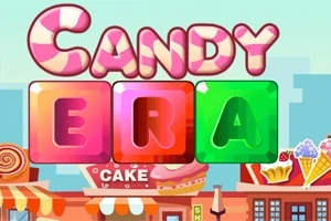 Ζωηρόχρωμο γραφικό με τη λέξη Candy Era σε φόντο με γλυκά και καταστήματα