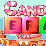 Ζωηρόχρωμο γραφικό με τη λέξη Candy Era σε φόντο με γλυκά και καταστήματα