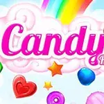 Κείμενο Candy Rain με χρωματιστά ζαχαρωτά και πεταλούδα μπροστά από ουράνιο τόξο και σύννεφα
