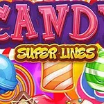 Καραμέλες με έντονα χρώματα και τη λέξη CANDY SUPER LINES σε πολύχρωμο φόντο