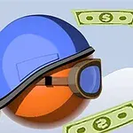 Μια πορτοκαλί μπάλα με μπλε κράνος και γυαλιά μπροστά από έναν χρυσό σωλήνα, περιτριγυρισμένη από χαρτονομίσματα δολαρίων