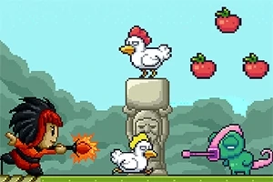 Ένα pixel art τοπίο με έναν χαρακτήρα που κρατάει μια βόμβα, δύο κοτόπουλα πάνω σε ένα άγαλμα, ένα πράσινο πλάσμα με καπελάκι και τρεις φράουλες στον αέρα