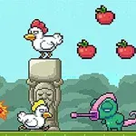 Ένα pixel art τοπίο με έναν χαρακτήρα που κρατάει μια βόμβα, δύο κοτόπουλα πάνω σε ένα άγαλμα, ένα πράσινο πλάσμα με καπελάκι και τρεις φράουλες στον αέρα
