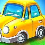 Κίτρινο καρτουνίστικο αυτοκίνητο με στρογγυλούς προβολείς σε πράσινο φόντο