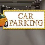 Κίτρινο αυτοκίνητο μπροστά από πινακίδα CAR PARKING σε υπόγειο χώρο στάθμευσης