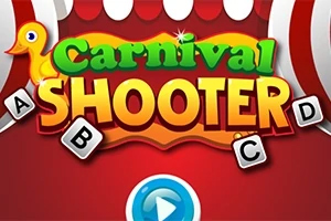 Carnival Shooter Χρωματιστός τίτλος με λέξεις Carnival Shooter σε κόκκινο φόντο, με γράμματα A, B, C, D γύρω του και ένα μπλε κουμπί αναπαραγωγής κάτω