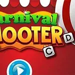 Carnival Shooter Χρωματιστός τίτλος με λέξεις Carnival Shooter σε κόκκινο φόντο, με γράμματα A, B, C, D γύρω του και ένα μπλε κουμπί αναπαραγωγής κάτω