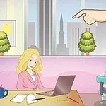 Δύο άτομα σε γραφείο με έναν μεγάλο δείκτη χεριού να δείχνει από πάνω, φόντο με αστικό τοπίο και δέντρα
