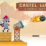 Δύο pixel art χαρακτήρες με κράνη πολεμούν με σπαθιά και τόξα, ενώ ένα κανόνι πυροβολεί μια βόμβα στον ουρανό