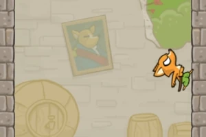 Ένας σκύλος κινείται ανάμεσα σε δύο τοίχους με βαρέλια και ένα πορτραίτο φράουλας στον τοίχο
