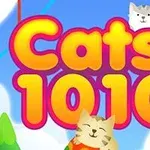 Ο τίτλος Cats 1010 με δύο χαρούμενες γάτες σε σκηνικό με σύννεφα και δέντρα