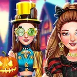 Δύο κοπέλες με κοστούμια Halloween, η μία κρατάει κολοκύθα και η άλλη φοράει καπέλο και γυαλιά ηλίου, με φόντο ένα στοιχειωμένο σπίτι