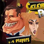 Δύο καρικατούρες ανθρώπων με έντονες εκφράσεις προσώπων, ένα χορευτικό ζευγάρι και πολύχρωμο κείμενο που γράφει Celebrity Party σε φόντο καφέ