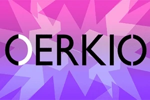 Μωβ και ροζ αφηρημένο φόντο με τη λέξη OERKIO σε μαύρο χρώμα