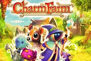 Charm Farm Μια σκηνή με φανταστικά πλάσματα σε πολύχρωμο φυσικό τοπίο με μια ξύλινη καλύβα στο βάθος