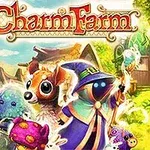 Charm Farm Μια σκηνή με φανταστικά πλάσματα σε πολύχρωμο φυσικό τοπίο με μια ξύλινη καλύβα στο βάθος
