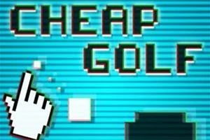 Η εικόνα δείχνει τη λέξη CHEAP GOLF με φόντο γαλάζιες ρίγες, ένα τετράγωνο και έναν δείκτη χεριού τύπου κέρσορα