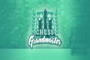 Λογότυπο με πιόνια σκακιού και το κείμενο Grandmaster σε πράσινο φόντο τούβλινου τοίχου με μια καρέκλα