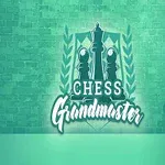 Λογότυπο με πιόνια σκακιού και το κείμενο Grandmaster σε πράσινο φόντο τούβλινου τοίχου με μια καρέκλα