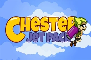 Γράμματα με τη φράση Chester Jet Pack σε πολύχρωμο φόντο με σύννεφα και έναν χαρακτήρα κινουμένων σχεδίων με πράσινα μαλλιά και σακίδιο πλάτης