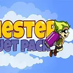 Γράμματα με τη φράση Chester Jet Pack σε πολύχρωμο φόντο με σύννεφα και έναν χαρακτήρα κινουμένων σχεδίων με πράσινα μαλλιά και σακίδιο πλάτης