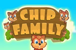 Κείμενο CHIP FAMILY σε ξύλινη πινακίδα με σκίουρους γύρω της και φόντο γαλάζιου ουρανού
