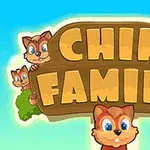 Κείμενο CHIP FAMILY σε ξύλινη πινακίδα με σκίουρους γύρω της και φόντο γαλάζιου ουρανού