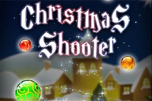 Εικόνα με την επιγραφή Christmas Shooter, φωτεινά χρωματιστά στολίδια και χειμερινό σκηνικό με σπιτάκια στο βάθος