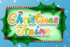 Χρωματιστός τίτλος Christmas Trains με χριστουγεννιάτικη διακόσμηση γκι και καπέλο Άγιου Βασίλη σε γαλάζιο φόντο με νιφάδες χιονιού