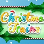 Χρωματιστός τίτλος Christmas Trains με χριστουγεννιάτικη διακόσμηση γκι και καπέλο Άγιου Βασίλη σε γαλάζιο φόντο με νιφάδες χιονιού