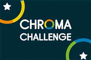 Κείμενο CHROMA CHALLENGE με χρωματιστούς κύκλους και λευκά αστέρια σε σκούρο φόντο