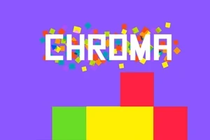 Μπλε φόντο με τη λέξη CHROMA γραμμένη με λευκά γράμματα και πολύχρωμα τετράγωνα από κάτω
