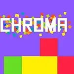 Μπλε φόντο με τη λέξη CHROMA γραμμένη με λευκά γράμματα και πολύχρωμα τετράγωνα από κάτω