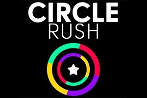 Κείμενο CIRCLE RUSH με πολύχρωμους ομόκεντρους κύκλους και αστέρι στο κέντρο σε μαύρο φόντο