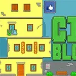 Κίτρινο κτήριο με επιγραφή Block Hotel και πράσινα γράμματα CITY BLOCKS σε μπλε φόντο