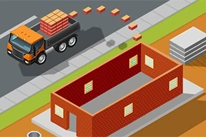 Στην εικόνα απεικονίζεται ένα φορτηγό με τούβλα και ένα ημιτελές κτίριο από κόκκινα τούβλα σε έναν δρόμο